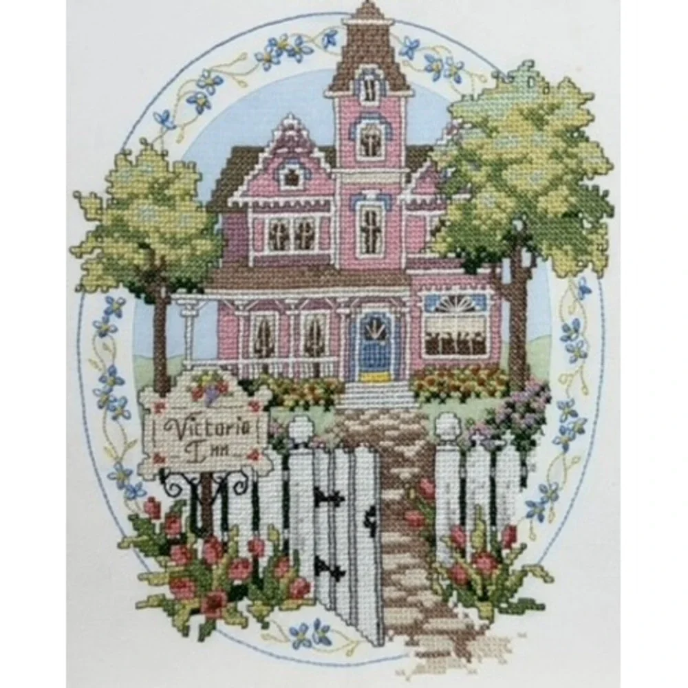 Handmade Victoria Inn Cross Stitch Pink Victorian House Wall Art 14x11 Unframed